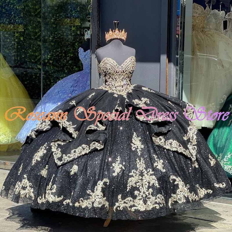 Черное изысканное платье Quinceanera мексиканское милое кружевное бальное платье с аппликацией без рукавов блестящее ТРАПЕЦИЕВИДНОЕ Пышное Платье для XV лет