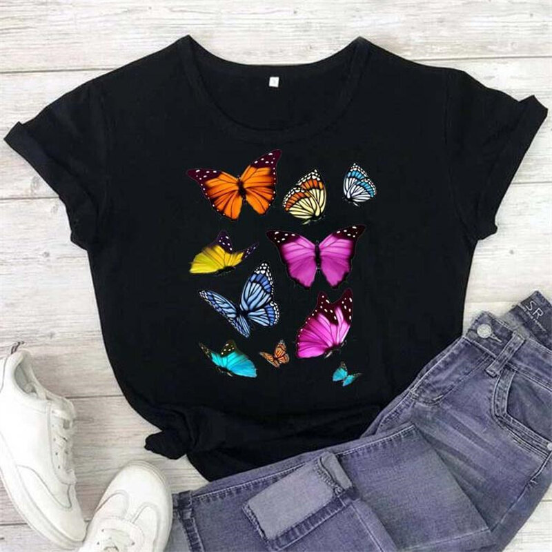 Funny Women T Shirt Trend Butterfly Print Fashion Woman Blouses 2022 Short Sleeve T-shirt Female Casual Streetwear Clothes Tops