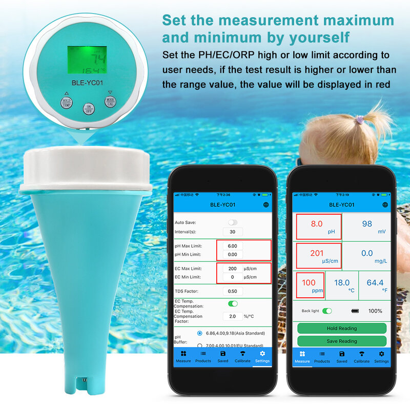 6 em 1 portátil ph qualidade da água detector multi-função testador bt app visualização remota lcd com luz de fundo ip67 à prova dip67 água