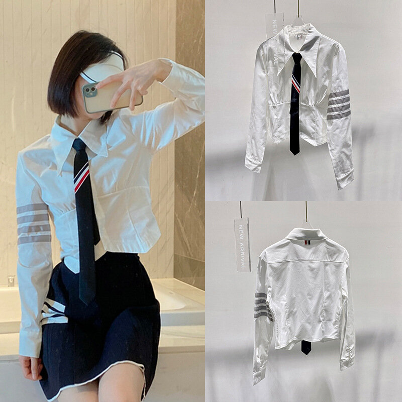 High Quality Korean Style TB Slim Tie Long Sleeve Shirt Womens Spring and Summer New College White Bottoming Shirt