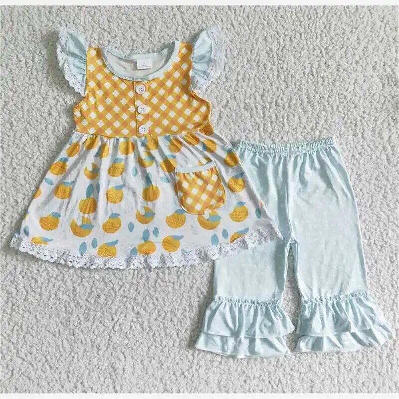 Crianças terno fruta rendas bolso vestido calças 2 peças conjuntos criança crianças roupas primavera outono roupas do bebê meninas boutique outfits