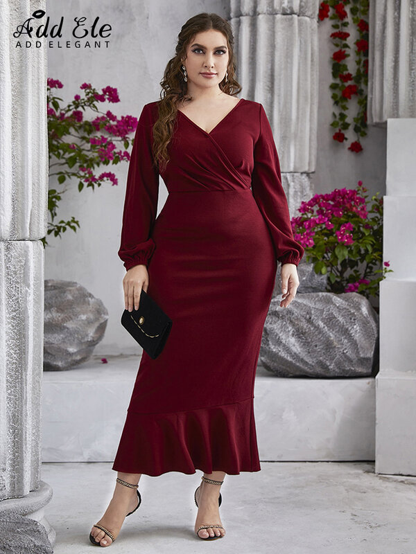 우아한 추가 플러스 사이즈 연필 Bodycon 드레스 여성 2022 가을 v 넥 하이 웨이스트 롱 랜턴 슬리브 웨이브 하단 의류 B516