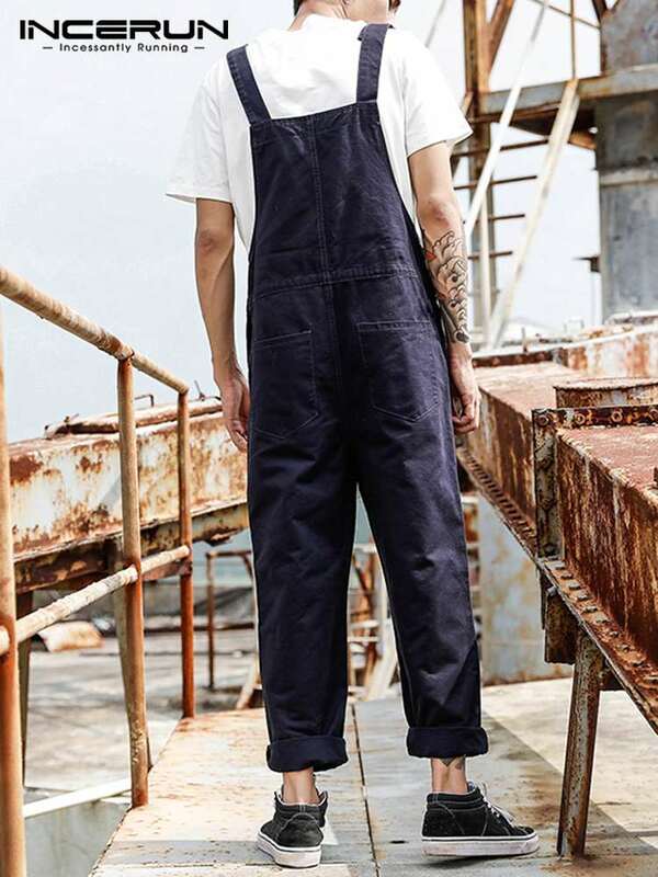 INCERUN męskie spodnie na szelkach jednolity kolor kombinezony biegaczy moda na co dzień wielu kieszeni streetwear szelki Cargo kombinezony mężczyźni Romper