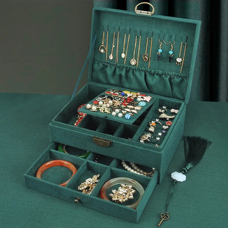 ZLALHAJA duża pojemność organizator na biżuterię z zamkiem 2-warstwowe pudełko z biżuterią aksamitne naszyjniki kolczyki pierścionki witryna Case