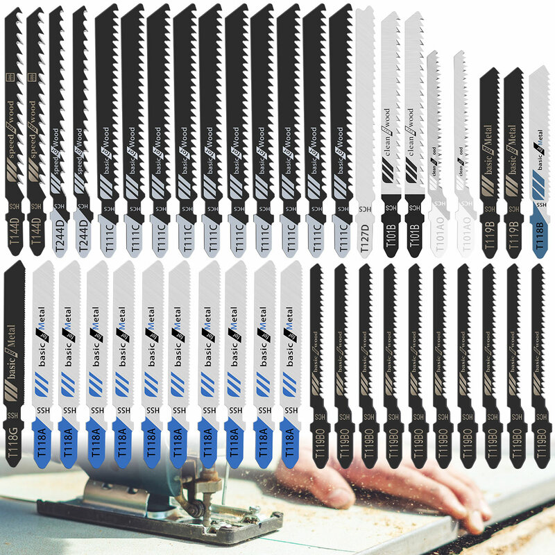 43pcs Jig Saw Blade Set High Carbon Steel Assorted Saw Blades with T-shank Sharp Fast Cut Down Jigsaw Blade Woodworking Tool