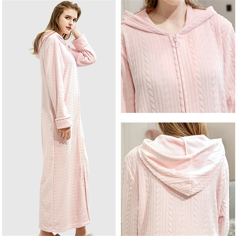 Winter Thick Coral Fleece Couple Bathrobe Warm Flannel Bath Robes Night Sleepwear Women Gown Zip Hooded