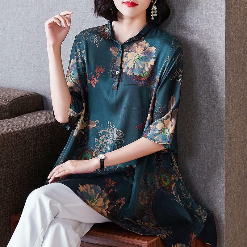 Chemisier à col montant Qipao Cheongsam pour femme, style chinois, rétro, demi-manches, imprimé floral imbibé Tang