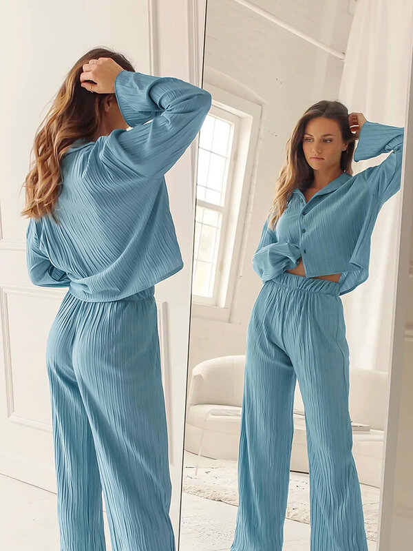Hiloc azul tricô sleepwear feminino define solto calças de cintura alta definir moda único breasted manga completa inverno pijamas femininos