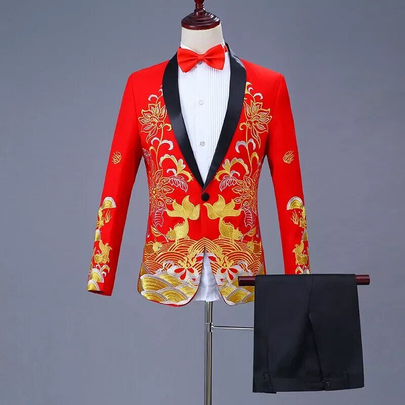 بدلة رجالية للحفلات على الطراز الصيني بدلات العريس طقم مكون من قطعتين بصدر واحد وبنطلون أزرق وأحمر وأسود وأبيض