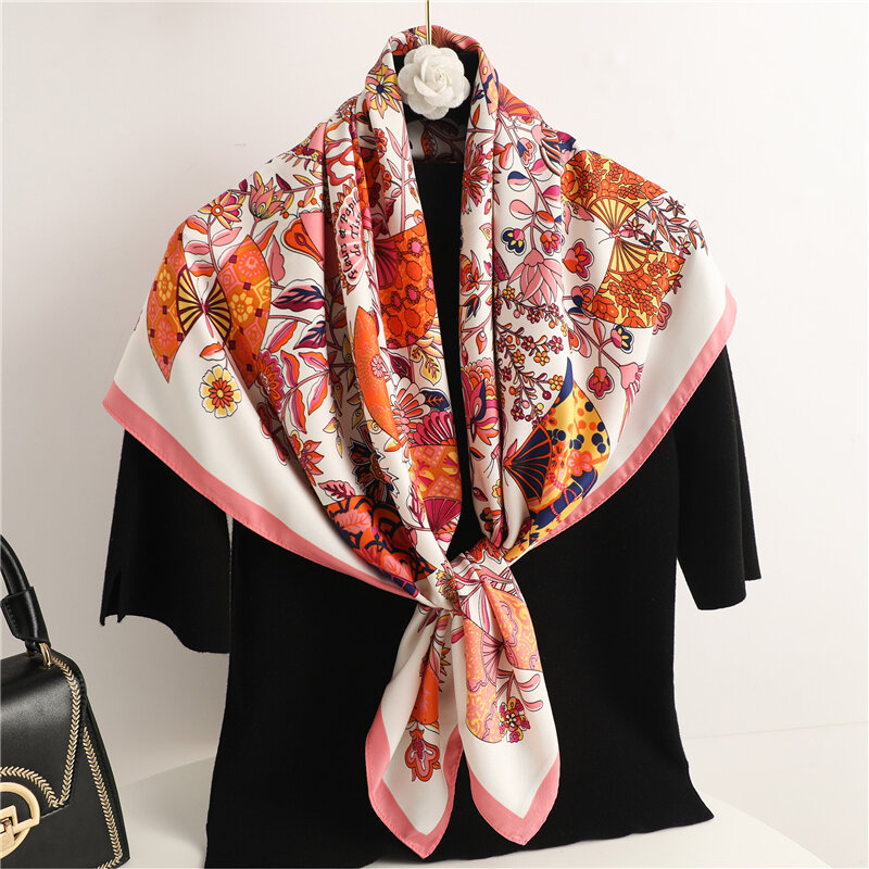 Impressão floral quadrado hijab sarja feminina seda cetim cachecóis laço de cabelo banda moda bandana lenço senhoras foulard bandana