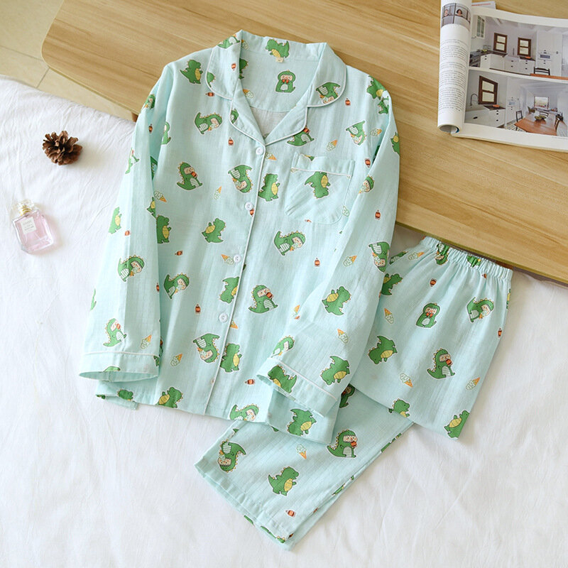 Ladies Pajamas Set 100% Gauze Cotton Cartoon Cat Printed Pyjamas Women 2Pcs Turn-down Neck Shirt+Pants Comfort Nature Sleepwear