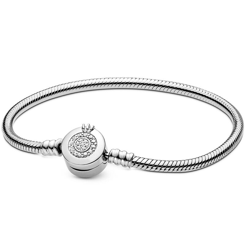 Sparkling Crown O Poetic Blooms Wonderful Heart Clasp Snake Chain Bracelet Fit Pandora 925 Sterling Silver Charm DIY Jewelry