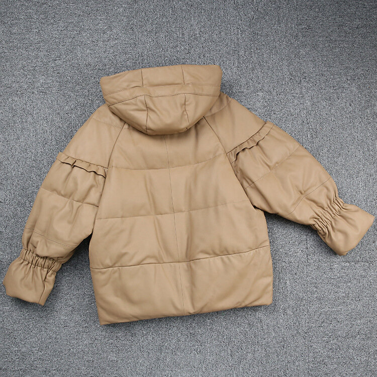 Abrigo corto con capucha para mujer, abrigo de piel de oveja auténtica, plumón de pato blanco, 2022