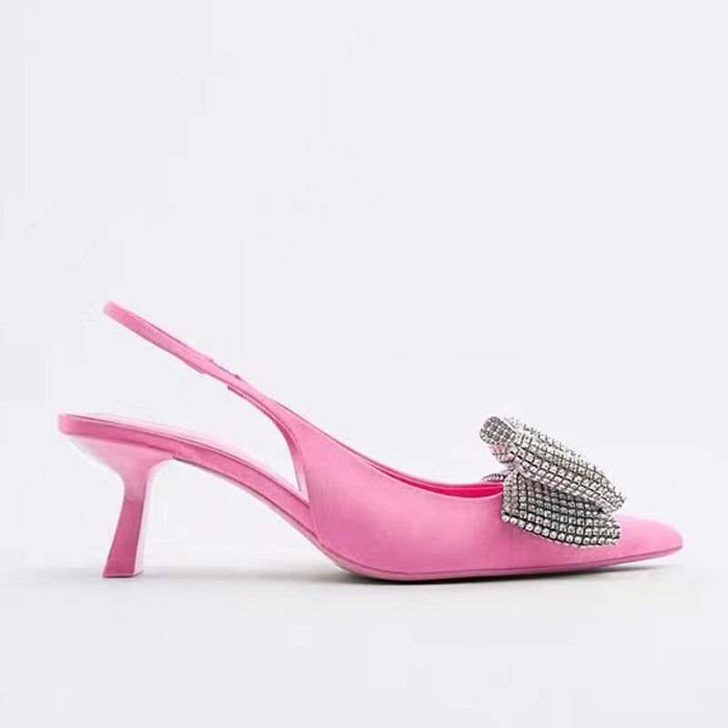 TRAF-zapatos de tacón alto con diamantes de imitación para mujer, calzado moderno con lazo, color negro, para boda, novia, primavera y verano, 2022