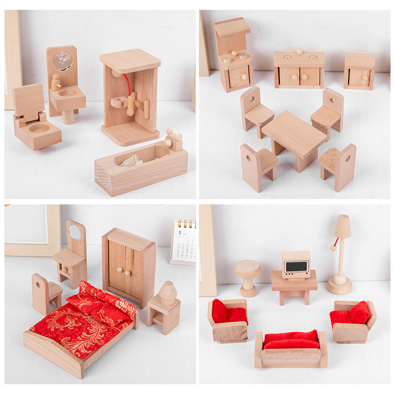 Children's Simulation Furniture Toy Wooden Mini Play House Simulation Small Furniture Toy Set Model Wooden Doll House Furniture