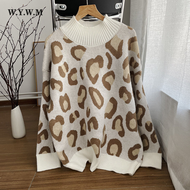 WYWM 2023 Winter New Leopard Print Sweater Women Basic Loose Knitted O-neck Pullovers Ladies Oversize Warm Female Clothing