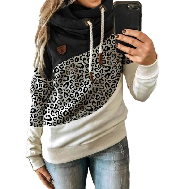 Gola alta retalhos hoodies feminina moda casual manga longa leopardo impresso com capuz moletom feminino inverno quente pullovers