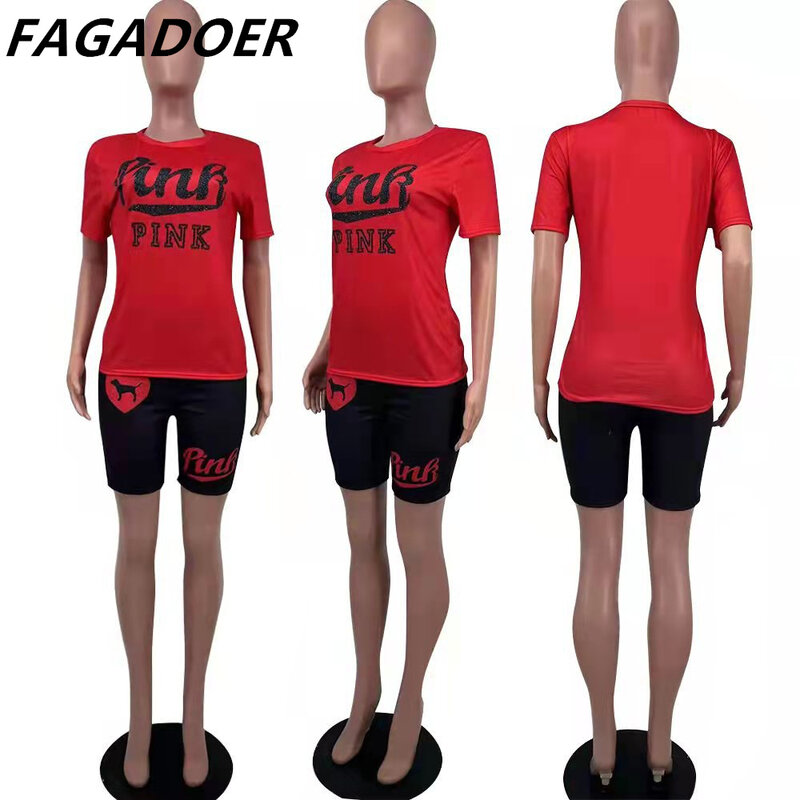FAGADOER-Camiseta de manga corta con estampado de letras para mujer, conjunto de dos piezas formado por camiseta y pantalón corto de motorista, ropa de calle informal