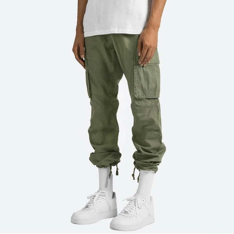 Quente! calças de carga para homem 2022 novo comprimento total cor sólida solto multi-bolso verão com cordão bolsos calças streetwear