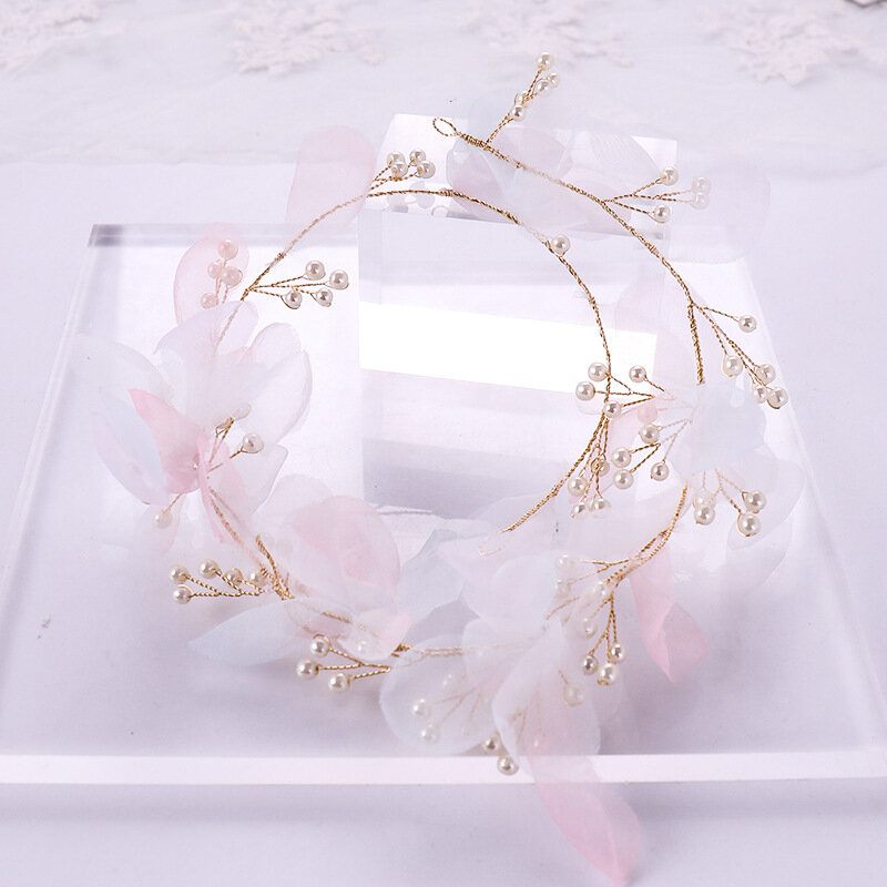 Przędza netto kwiat stroik na głowę z perłami kwiatową wróżkę z pałąkiem na głowę akcesoria dla nowożeńców