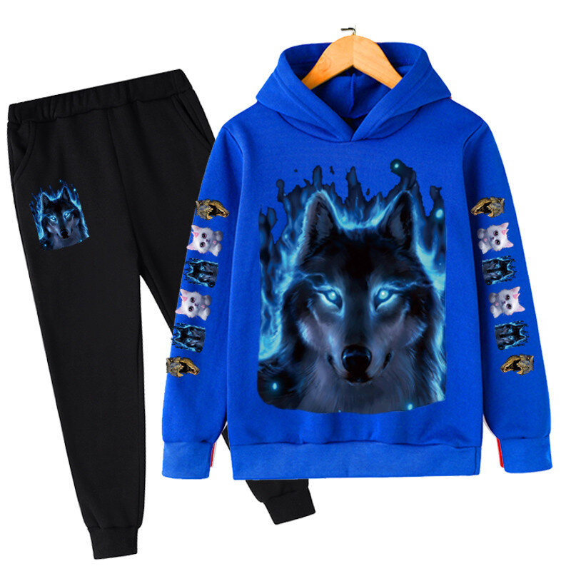 Suéter con capucha para niños, traje de otoño e invierno con estampado de lobo de ojos azules, ropa deportiva para niños, novedad de 2022