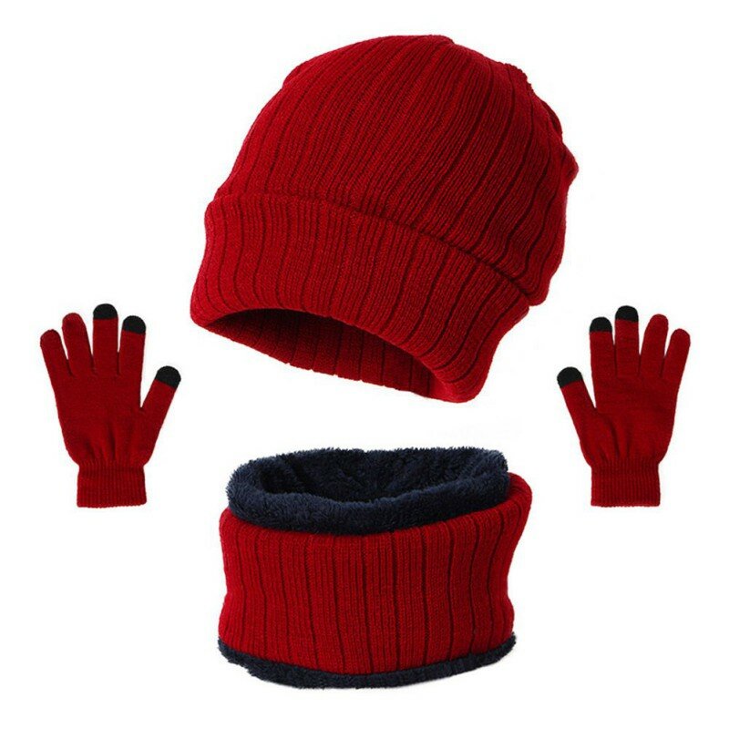 Зимний теплый костюм из 3 предметов, Вязаная Шапка-бини, шарф и перчатки для сенсорного экрана, однотонная теплая шапка с черепом, подарки дл...