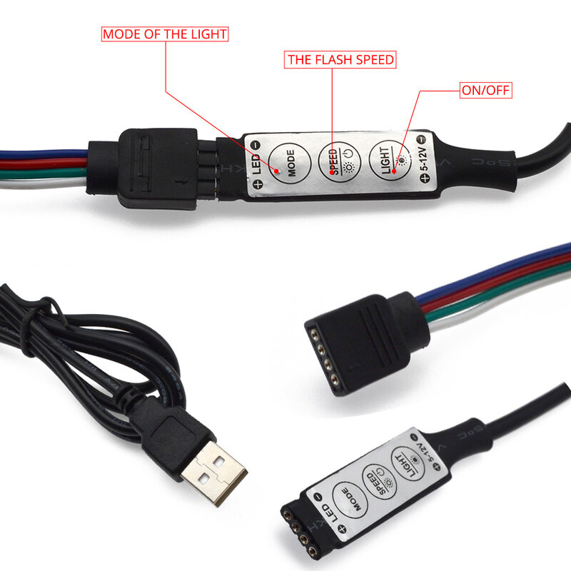 USB RGB Controller com Conector Fêmea, LED Dimmer, DC5V, 3 Chaves, 4 Pinos, 5V, 19 Modos Dinâmicos