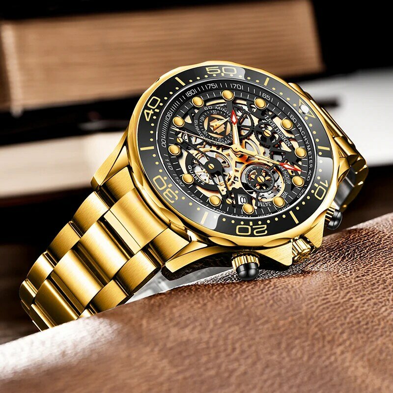 LIGE orologi da uomo Top Brand lusso Hollow Date Sport orologio d'oro per uomo moda cinturino in pelle orologio da polso al quarzo impermeabilerelogio