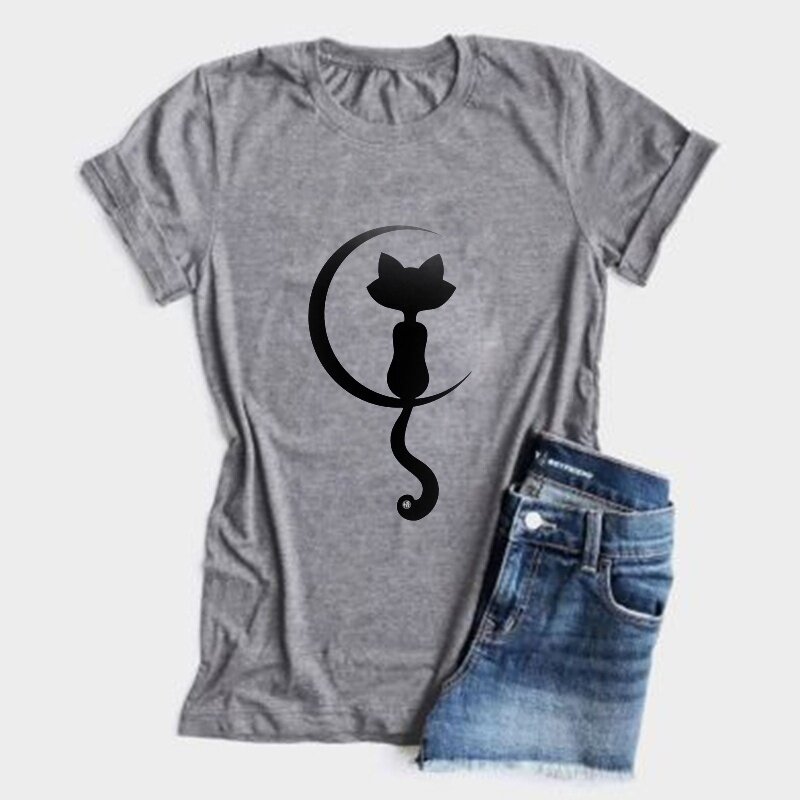 Nova moda feminina verão confortável de alta qualidade gráfico manga curta camiseta casual impressão gato camiseta verão topo gótico