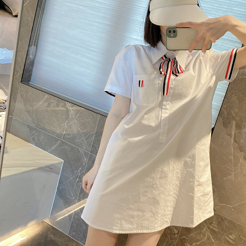 Alta qualidade Coreano moda TB Primavera/Verão Academia Francesa Estilo Bow Tie Temperamento Pequena Camisa de Manga Curta Vestido Mulheres