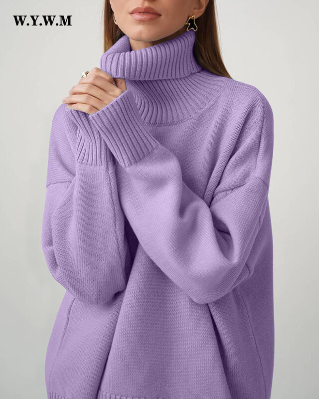 Женский свитер с высоким воротом WYWM, элегантный плотный теплый вязаный пуловер свободного кроя, базовый вязаный джемпер для ленивых женщин,...