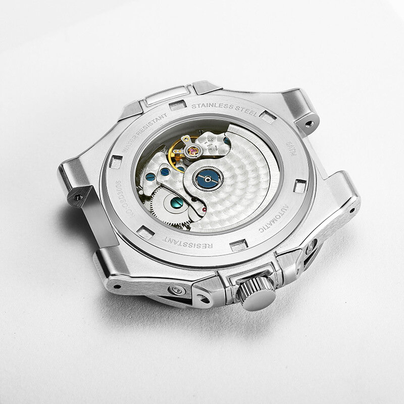 Relógios para homem automático mecânico azul dial militar moda tourbillon data display aço inoxidável pulseira relógios relógio