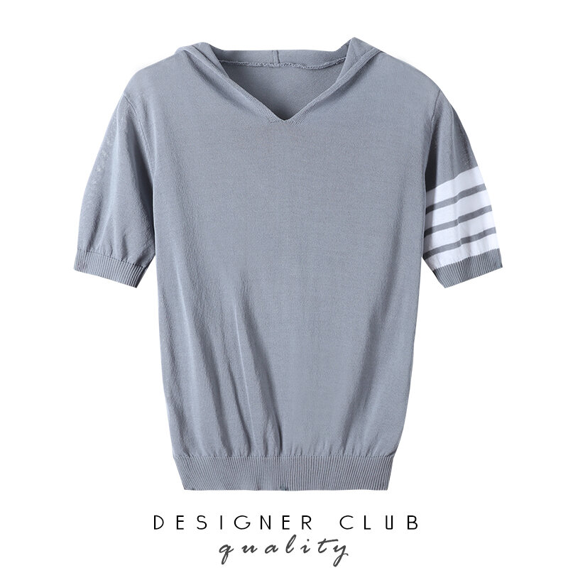 Tb ice silk malha com capuz de manga curta camiseta feminina verão novo design senso faculdade estilo solto curto topo