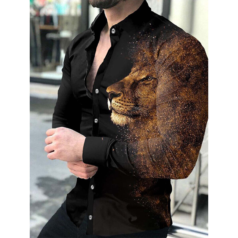 Moda de luxo dos homens sociais camisas turn-down colarinho botão para baixo camisa casual leão impressão manga longa topos roupas masculinas formatura cardig