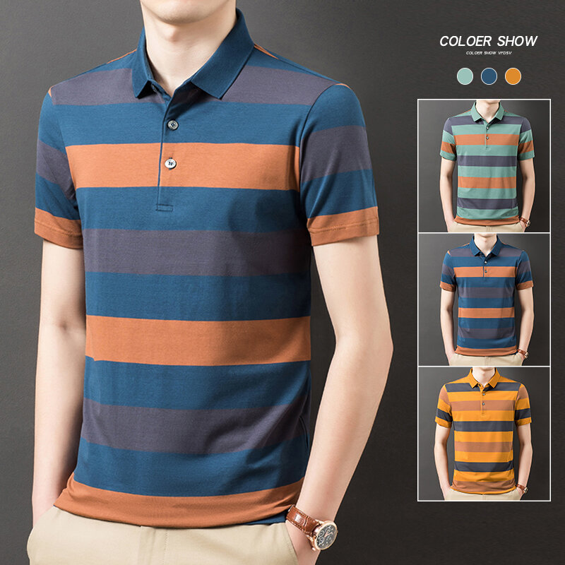 2022 New Summer Brand Designer Men Striped Turn Down Collar Polo Shirts Short Sleeve Mens Casual Tops Fashions Male High Quality
