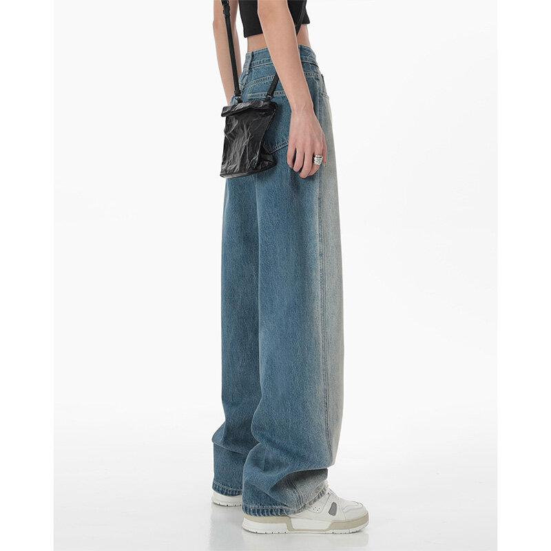 Calças de brim azuis femininas 2022 verão cintura alta em linha reta cilindro baggy design sentido nicho americano estilo rua casual perna larga calça