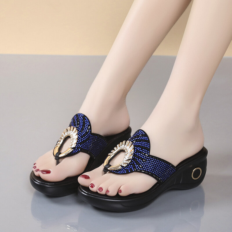Women's Open Toe Slippers Sequins Decor Platform Ladylike Sweet 2022 New Summer Fashion Popular Comfy High Thick Heel Slippers