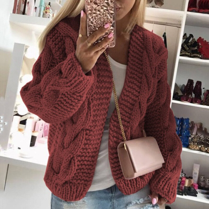 2022 Autumn And Winter New Sweater Loose Casual Solid Color Long-sleeved European And American Twist Warm Knitted Cardigan Top