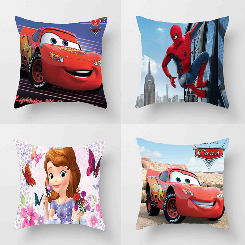 Housse de coussin décorative Disney pour voiture, taie d'oreiller, dessin animé, spiderman, McQueen, Sofia, princesse, cadeau, 45x45cm
