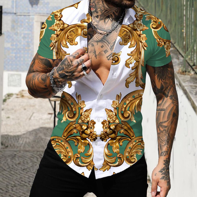 남성 셔츠 럭셔리 라펠 칼라 쇼트 셔츠 무도회 상의, 고품질 남성 의류 바로크 프린트 티셔츠 슬림핏 슬림핏 티셔츠
