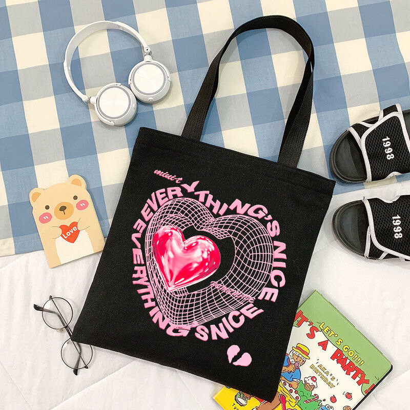 Bolsa de ombro feminina casual saco de compras coração impressão lona harajuku carta punk reutilizável shopper bolsa feminina bolsas