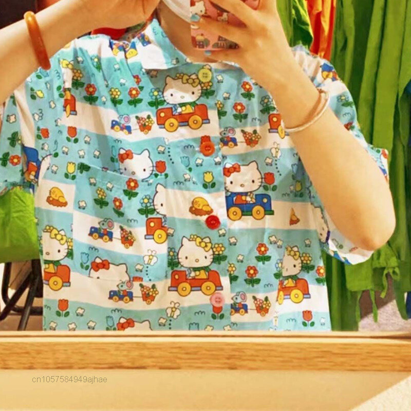Sanrio Hello Kitty Printed Women Summer Clothes Vintage Shirts With Short Sleeve Y2k Tops Blue Loose Shirt Female Fashion Blouse
