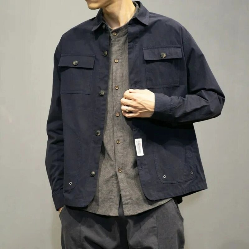 Новинка 2023, куртка-рубашка с длинным рукавом, мужской кардиган, деловой стиль, ретро Ami, хаки, Мужская мотоциклетная куртка, уличная куртка в японском стиле