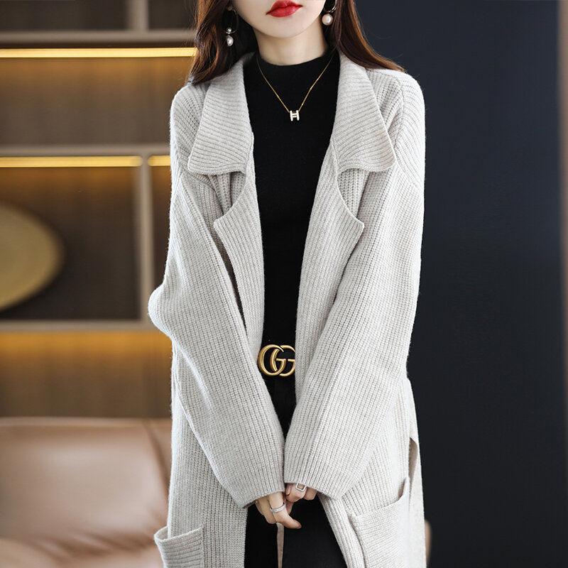 Autumn And Winter Super Long Cashmere Coat Women's Suit Collar Over-The-Knee Knitted Sweater Cardigan Pure Wool Temperament Coat