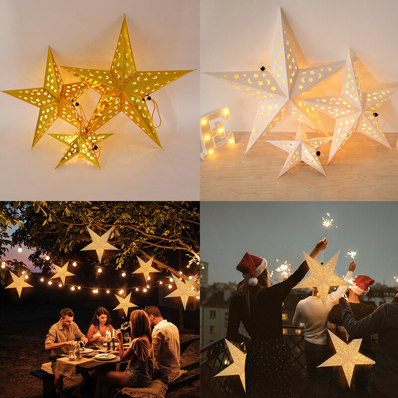 30/45/60cm Hollow Out Star Hanging Pendant Led Light Window Grille Paper Lantern Wedding Party Home Garden Stars Lampshade Decor