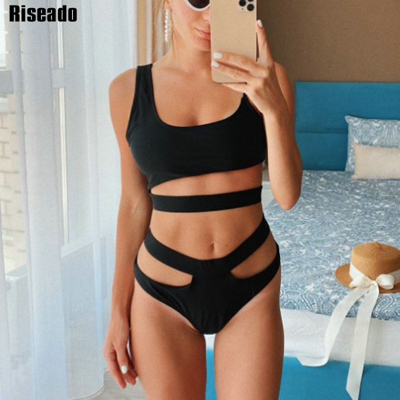 Riseado Sexy Bikini corte traje de baño mujeres traje de baños de cintura alta Correa trajes de baño brasileño negro ropa de playa 2021