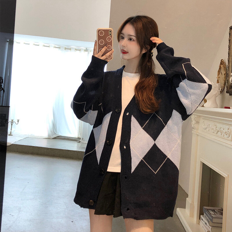 DAYIFUN Kardigan Musim Gugur dan Dingin Wanita Sweter Rajutan Besar Mode Korea Antik Elegan Longgar Atasan Kerah V Pakaian Y2K