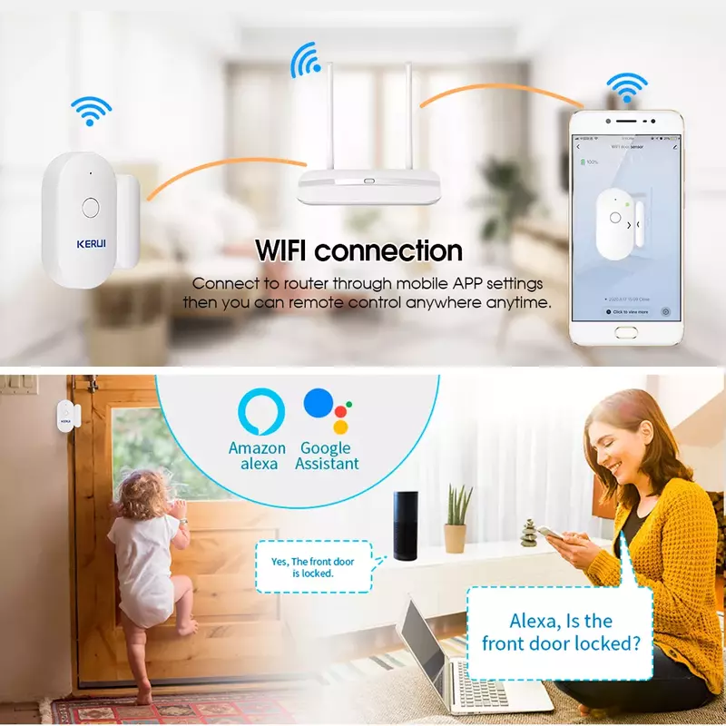 Kerui-家庭用wifi付きスマートドアセンサー,オープンクローズド,磁気,センサー付き,車のセキュリティシステム,庭