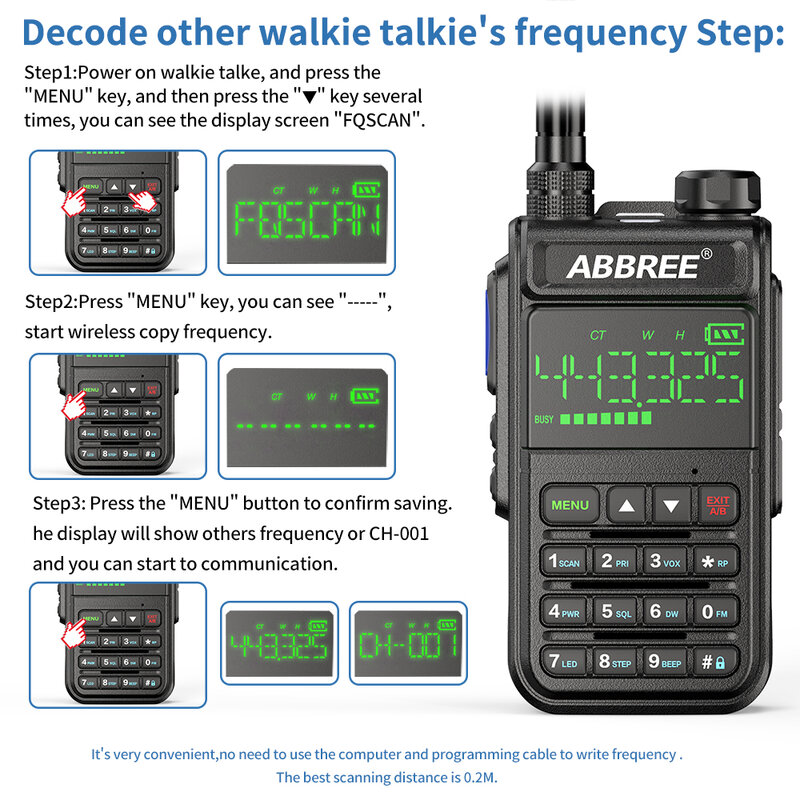 ABBREE AR-518 6 밴드 아마추어 양방향 라디오 2022 채널 에어 밴드 워키 토키 VOX DTMF SOS LCD 컬러 경찰 스캐너 항공