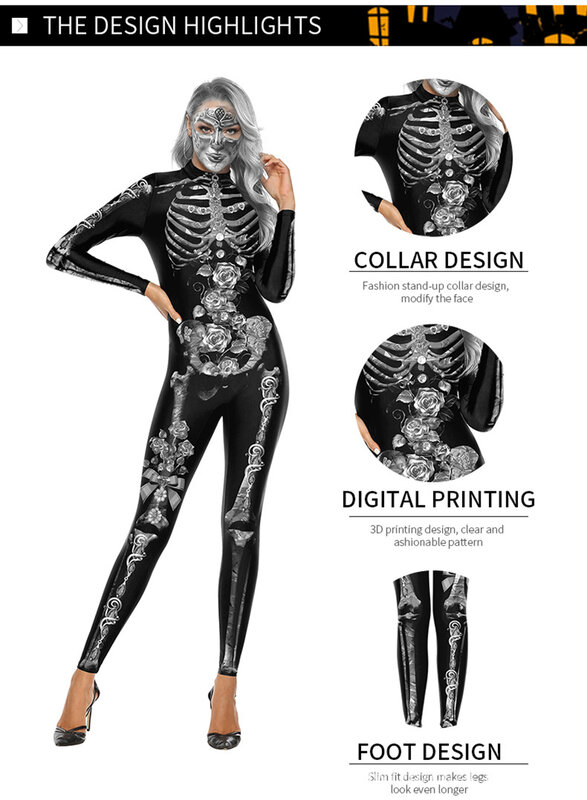 Adult Skeleton Print Halloween Cosplay Costume Women Ghost Jumpsuit Party Carnival Performance Scary Bodysuit